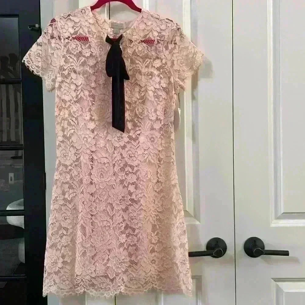 Belle Sky Lace Mini Dress with Black Tie